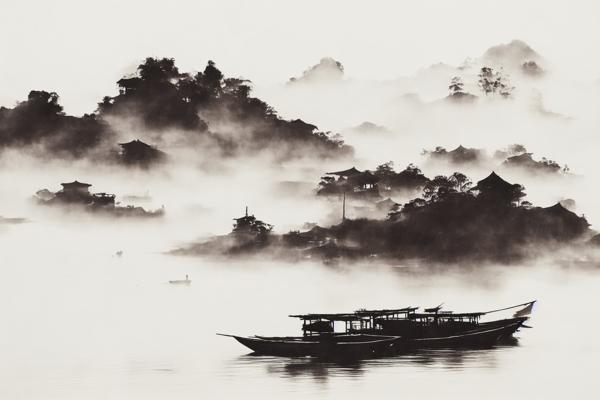An image of a Chinese ink paint art of a Black and white scene with a boat-banrupi