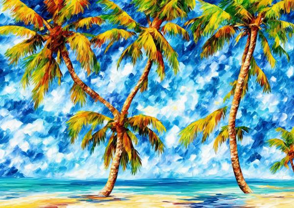 A Beautiful artwork image of a palm tree. Its long slender trunk and lush green fronds, evoking a sense of tropical paradise and the beauty of nature's bounty.-banrupi